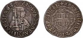 CASA SAVOIA. CARLO I (1482-1490). 
TESTONE I TIPO (SPADA DRITTA)
Cornavin. Argento, 9,03 gr, 29 mm. Molto Rara. Piccole mancanze al D. MB+
D: KAROL...