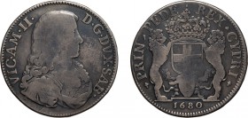 CASA SAVOIA. VITTORIO AMEDEO II (1680-1713). 
MEZZO SCUDO BIANCO 1680
Torino. Argento, 13,15 gr, 32 mm. Molto Rara. qMB
D: VIC. AM. II. D. G. DVX. ...