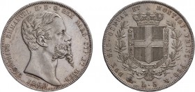 REGNO DI SARDEGNA. VITTORIO EMANUELE II (1849-1861). 
5 LIRE 1860 
Torino. Argento, 24,95 gr, 37 mm. Molto Rara. Minimi colpetti sul bordo. SPL/SPL+...