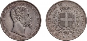REGNO DI SARDEGNA. VITTORIO EMANUELE II (1849-1861). UNA LIRA 1859
Milano. Argento, 4,96 gr, 23 mm. Rara. BB/SPL
D: VICTORIUS EMMANUEL II . D . G . ...