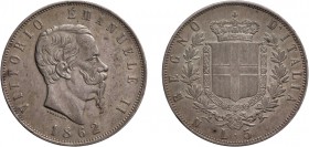 REGNO D'ITALIA. VITTORIO EMANUELE II (1861-1878). 5 LIRE STEMMA 1862
Napoli. Argento, 25,05 gr, 37 mm. Rara. BB+
D: VITTORIO EMANUELE II Testa del R...