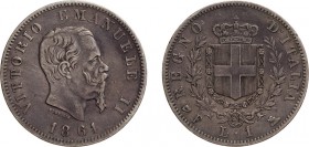 REGNO D'ITALIA. VITTORIO EMANUELE II (1861-1878). 1 LIRA STEMMA 1861
Firenze. Argento, 4,98 gr, 23 mm. Rara. MB
D: VITTORIO EMANUELE II Testa del Re...