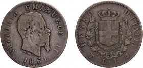 REGNO D'ITALIA. VITTORIO EMANUELE II (1861-1878). 1 LIRA STEMMA 1861
Torino. Argento, 4,79 gr, 23 mm. Rarissima. qMB. 
D: VITTORIO EMANUELE II Testa...