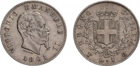 REGNO D'ITALIA. VITTORIO EMANUELE II (1861-1878). 1 LIRA STEMMA 1861
Torino. Argento, 4,98 gr, 23 mm. Rarissima. Minimo colpetto sul bordo. qSPL 
D:...