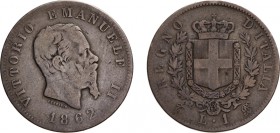 REGNO D'ITALIA. VITTORIO EMANUELE II (1861-1878). 1 LIRA STEMMA 1862
Torino. Argento, 4,79 gr, 23 mm Molto Rara. qMB
D: VITTORIO EMANUELE II Testa d...