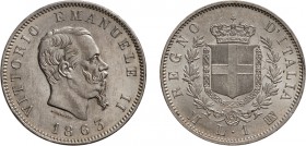 REGNO D'ITALIA. VITTORIO EMANUELE II (1861-1878). 1 LIRA STEMMA 1863
Milano. Argento, 5,05 gr, 23 mm. Minimi colpetti. qFDC/FDC
D: VITTORIO EMANUELE...