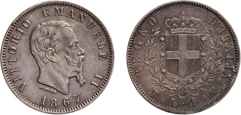 REGNO D'ITALIA. VITTORIO EMANUELE II (1861-1878). 1 LIRA STEMMA 1867
Torino. Ar...