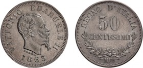REGNO D'ITALIA. VITTORIO EMANUELE II (1861-1878).
50 CENTESIMI VALORE 1863
Milano. Argento, 2,48 gr, 18 mm, BB+
D: VITTORIO EMANUELE II Testa del R...