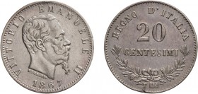 REGNO D'ITALIA. VITTORIO EMANUELE II (1861-1878). 20 CENTESIMI VALORE 1867
Torino. Argento, 1 gr, 16 mm Rara. Segnetti. BB 
D: VITTORIO EMANUELE II ...