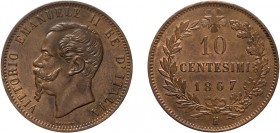 REGNO D'ITALIA. VITTORIO EMANUELE II (1861-1878). 10 CENTESIMI VALORE 1867 Birmingham. Rame, 9,90 gr, 30 mm, SPL+
D: VITTORIO EMANUELE II RE D'ITALIA...