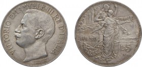 REGNO D'ITALIA. VITTORIO EMANUELE III (1900-1943). 
5 LIRE 1911 
Argento, 24,97 gr, 37 mm. Colpetti sul bordo. BB
D: VITTORIO EMANUELE III RE D'ITA...