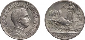 REGNO D'ITALIA. VITTORIO EMANUELE III (1900-1943). 2 LIRE QUADRIGA VELOCE 1908
Roma. Argento, 10,03 gr, 27 mm. SPL+
D: VITTORIO . EMANUELE . III . R...