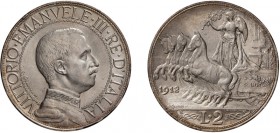 REGNO D'ITALIA. VITTORIO EMANUELE III (1900-1943). 
2 LIRE QUADRIGA VELOCE 1912
Argento, 10,03 gr, 27 mm. Minimi segnetti e colpetti. SPL
D: VITTOR...