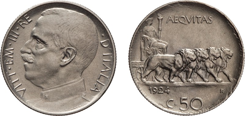 REGNO D'ITALIA. VITTORIO EMANUELE III (1900-1943). 50 CENTESIMI 1924 LEONI BORDO...