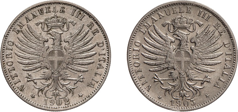REGNO D'ITALIA. VITTORIO EMANUELE III.
LOTTO DI DUE MONETE DA 25 CENTESIMI 1902...