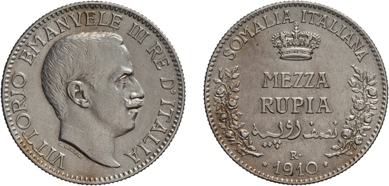 REGNO D'ITALIA. VITTORIO EMANUELE III (1900-1943). 
SOMALIA. MEZZA RUPIA 1910
...