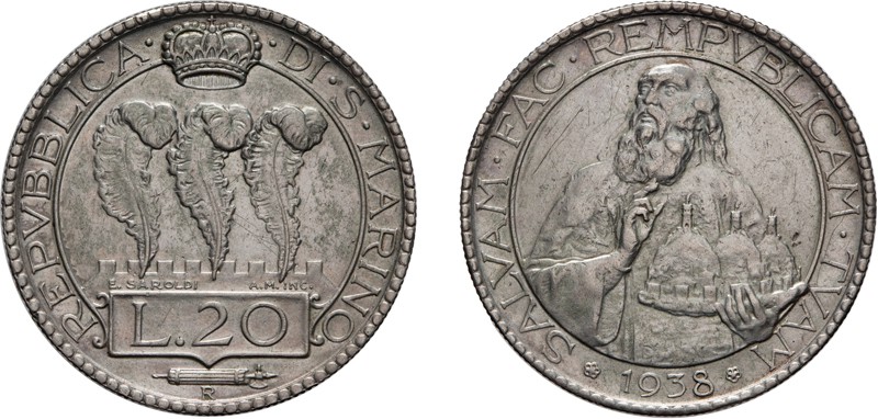 ZECCHE ESTERE. SAN MARINO. 20 LIRE 1938
Argento, 20,04 gr, 35,5 mm. Rara. Buon ...