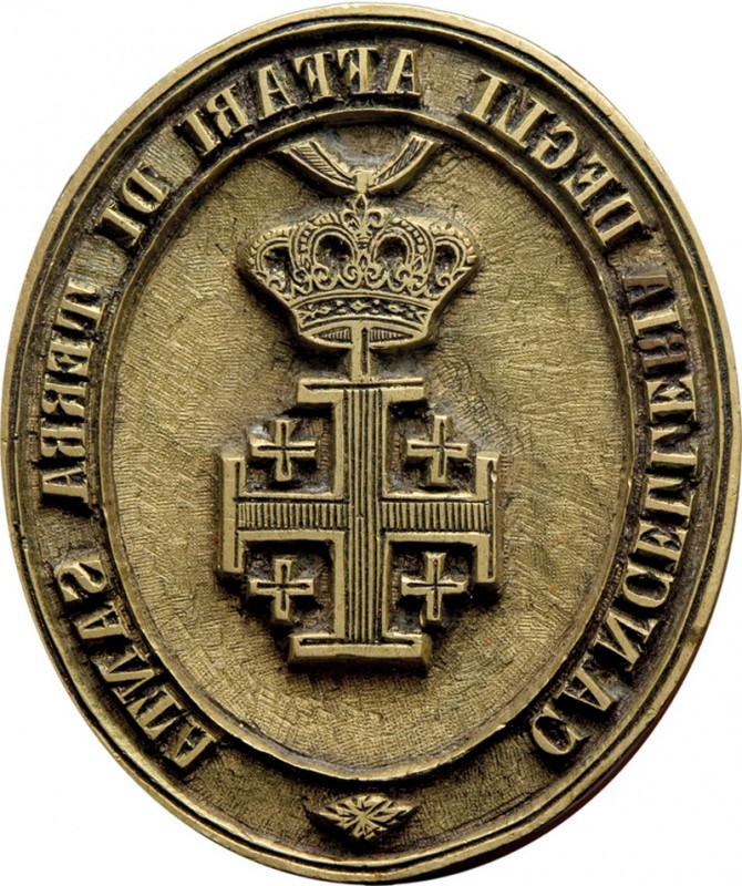 SFRAGISTICA. SIGILLO CANCELLERIA DEGLI AFFARI DI TERRASANTA.
Bronzo dorato, 30x...