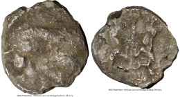 JUDAEA. Samaria. Ca. mid-4th century BC. AR obol (9mm, 3h). NGC AG, edge chips. ŠMR (Aramaic), helmeted male head left / Palm tree flanked by goat sta...