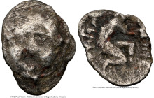 JUDAEA. Samaria. Ca. mid-4th century BC. AR hemiobol (8mm, 8h). NGC VG, scratches. Grotesque head facing / YRB' (Aramaic), male figure kneeling right,...
