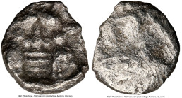 JUDAEA. Samaria. Ca. mid-4th century BC. AR tetartemorion (6mm, 0.11 gm, 11h). NGC Fine. Head of Bes(?) facing / Phoenician galley left, sails partial...