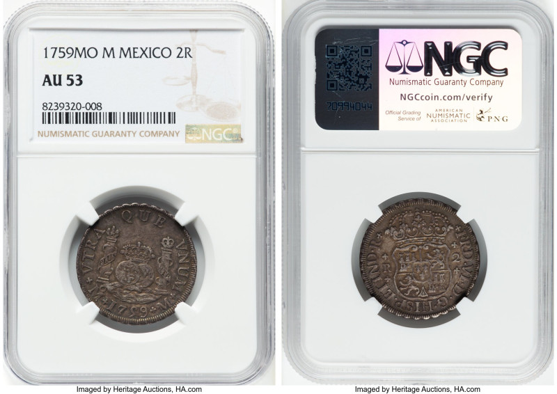 Ferdinand VI 2 Reales 1759 Mo-M AU53 NGC, Mexico City mint, KM86.2, Cal-306. HID...