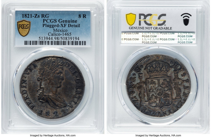 Zacatecas. Ferdinand VII "Royalist" 8 Reales 1821 Zs-RG XF Details (Plugged) PCG...
