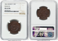 Sinaloa. Republic 1/4 Real 1863 MS62 Brown NGC, Culiacan mint, KM363. Gentle coral cabinet toning radiates across the surfaces of this near-Choice sel...