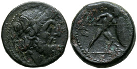 BRUTTIUM, The Brettii. Ae22. (Ae.8,90g/22mm). 211-208 a.C. (HN Italy 1988). Anv: Cabeza laureada de Zeus a derecha. Rev: Soldado avanzando a derecha p...