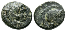 MISIA, Pérgamo. Ae10. (Ae. 1,00g/10mm). 310-284 a.C. (SNG Copenhague, 323/4). Anv: Cabeza de Melkart con piel de león a la derecha. Rev: Cabeza de Ate...