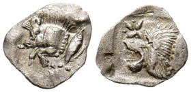 MISIA, Cícico. Obolo. (Ar. 0,26g/10mm). 450-400 a.C. (SNG France 361). Anv: Parte delantera de jabalí a izquierda, detrás atún. Rev: Cabeza de león a ...