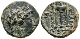 IMPERIO SELEUCIDA, Antiocos II Theos. Ae17. (Ae. 3,75g/18mm). 261-246 a.C. Sardes. (HGC 9, 253; Seaby 525). Anv: Cabeza laureada de Apolo a derecha. R...