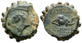 REINO SELEUCIDA, Demetrios I Sóter. Ae16. (Ae. 3,81g/16mm). 162-150 a.C. Antioquía. (Seaby 1646). Anv: Cabeza de caballo a la izquierda. Rev: Cabeza d...