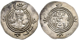 IMPERIO SASANIDA, Khusro II. Dracma. (Ar. 4,15g/32mm). Año 36 PYE/625-6 d.C. Ceca: GD. (Göbl-III/3). Anv: Busto coronado y drapeado de Khusro II a der...