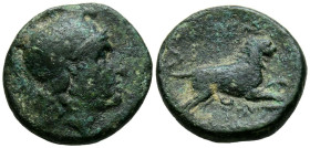 REINO DE TRACIA. Ae19. (Ae. 5,24g/19mm). 323-281 a.C. Lisímaco. (Sear 6819). Anv: Cabeza con casco ateniense a derecha. Rev: León a derecha, encima y ...