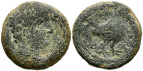 ARECORATAS (Agreda, Soria). Semis. (Ae. 13,22g/25mm). 150-20 a.C. (FAB-90). Anv: Cabeza masculina a derecha, detrás letras ibéricas: SOS, delante delf...