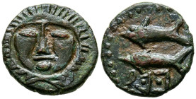 ASIDO (Medina Sidonia, Cádiz). Semis. (Ae. 4,39g/19mm). 50 a. C. (FAB-156). Anv: Cabeza de Hércules de frente. Rev: Dos atunes a la izquierda, debajo ...