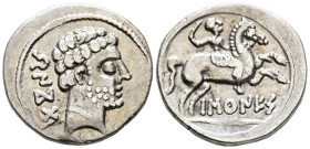 BASCUNES (Pamplona). Denario. (Ar. 3,77g/19mm). 120-20 a.C. (FAB-215). Anv: Cabeza masculina barbada a derecha, detrás leyenda ibérica: BeNCoDa. Rev: ...