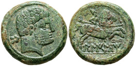 BELIGIOM (Belchite, Zaragoza). As. (Ae. 12,83/26mm). 120-20 a.C. (FAB-243). Anv: Cabeza masculina barbada a derecha, detrás letra ibérica: Be. Rev: Ji...