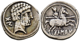 BOLSCAN (Huesca). Denario. (Ar. 3,94g/19mm). 180-20 a.C. (FAB-1911). Anv: Cabeza masculina barbada a derecha, detrás letras ibéricas: BoN. Rev: Jinete...