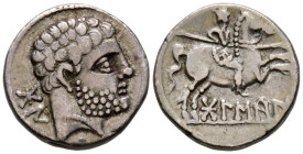 BOLSCAN (Huesca). Denario. (Ar. 3,75g/17mm). 180-20 a.C. (FAB-1911). Anv: Cabeza masculina barbada a derecha, detrás letras ibéricas: BoN. Rev: Jinete...
