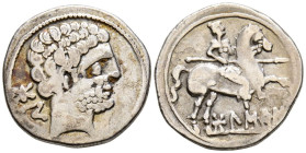 BOLSCAN (Huesca). Denario. (Ar. 3,81g/20mm). 180-20 a.C. (FAB-1911). Anv: Cabeza masculina barbada a derecha, detrás letras ibéricas: BoN. Rev: Jinete...