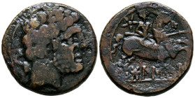 BOLSCAN (Huesca). Semis. (Ae. 7,62g/23mm). 180-20 a.C. (FAB-1918). Anv: Cabeza masculina barbada a derecha, detrás delfín. Rev: Jinete con lanza a der...