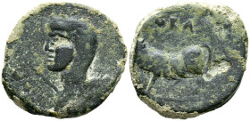 BORA (Alcaudete, Jaén). Semis. (Ae. 12,21g/28mm). 100-50 a.C. (FAB-291). Anv: Busto femenino a izquierda, delante cetro. Rev: Toro a izquierda, encima...