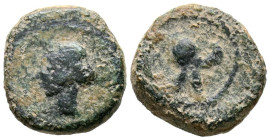 CARTAGONOVA (Cartagena, Murcia). 1/4 Calco. (Ae. 2,11g/13mm). 220-215 a.C. (FAB-521). Anv: Cabeza de Tanit a izquierda. Rev: Casco a izquierda. MBC-.