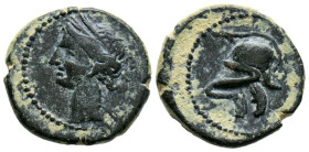 CARTAGONOVA (Cartagena, Murcia). 1/4 de Calco. (Ae. 1,65g/13mm). 220-215 d.C. (FAB-523). Anv: Cabeza de Atenea a izquierda. Rev: Casco a izquierda. MB...