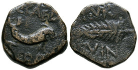 CARTAGONOVA (Cartagena, Murcia). Semis. (Ae. 5,47g/19mm). 50-30 a.C. (FAB-570). Anv: Delfín a derecha, encima C CAEDI, debajo T POPILLI. Rev: Palma a ...