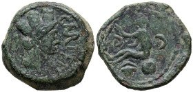 CARTEIA (San Roque, Cádiz). Semis. (Ae. 8,57g/23mm). 27 a.C-14 d.C. (FAB-665). Anv: Cabeza femenina con corona mural a derecha, delante leyenda: CARTE...