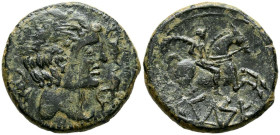 CELSE (Velilla de Ebro, Zaragoza). As. (Ae. 12,59g/29mm). 120-50 a.C. (FAB-771). Anv: Cabeza masculina a derecha con manto y fíbula, alrededor de tres...