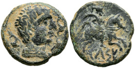 CELSE (Velilla de Ebro, Zaragoza). As. (Ae. 12,82g/28mm). 120-50 a.C. (FAB-771). Anv: Cabeza masculina a derecha con manto y fíbula, alrededor de tres...